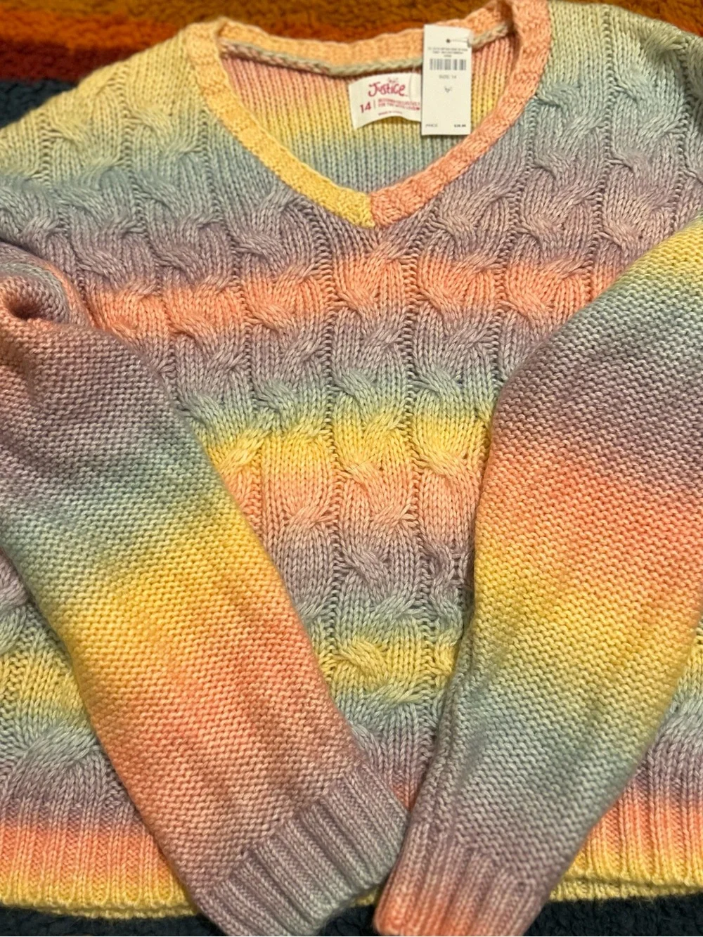 Justice Girls' Pastel Rainbow V-Neck Cable Knit Sweater - Size 14